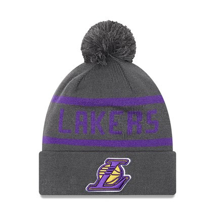 NEW ERA NBA LOS ANGELES LAKERS JAKE CUFF BOBBLE BEANIE HAT GREY